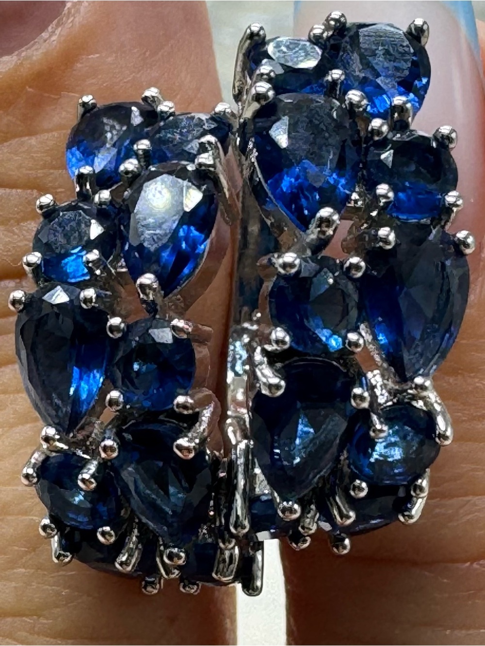 S925-Marked Blue Teardrop Zirconia Hoop Earrings